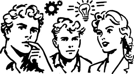 Three people in deep thought with gears and a light bulb represented above. Black and white vector illustration capturing creativity and expression.
