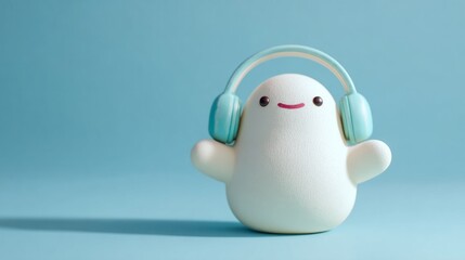 An adorably quirky ghost rocking pastel headphones grooves to cosmic rhythms, embodying playful vibes for World Listening Day and Ghost Festival