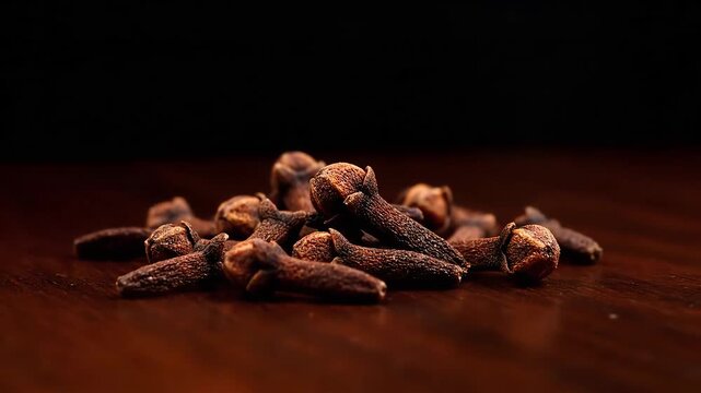 Aromatic Dried Clove Spice Buds on a Wooden Table.