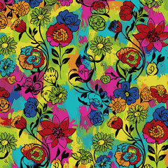 Vibrant and Artistic Seamless Floral Pattern with Hand-Drawn Blooms and Painterly Splashes, a Dynamic and Colorful Botanical Graphic Design for Modern Textiles and Decorative Backgrounds