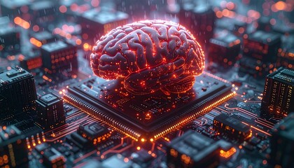 Generated image. The human brain is connected in a chipset. Illustration for artifficial intellegence
