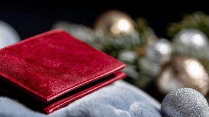 Crimson leather wallet rests amid glistening baubles and frosted evergreens, evoking Yuletide's secretive gifting rituals, Winter Solstice whispers