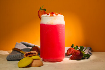 Handmade Fresh cold strawberry juice with whipped cream and strawberry slices