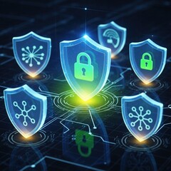Fototapeta premium Security and privacy shield icons glowing in holographic D style, padlock and network lines, dark tech background