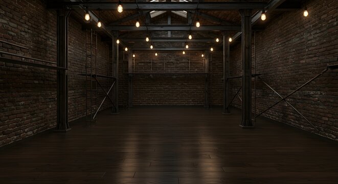 An empty, aged brick-walled interior space with dark wood floors and hanging lights