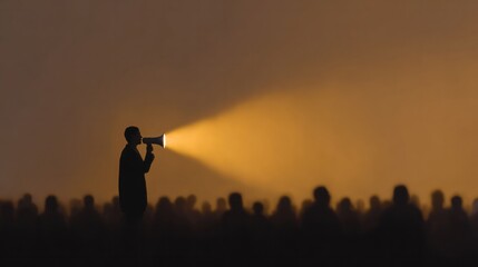 Silhouette of a megaphone-wielding figure commands attention, echoing during golden-hour debates or International Public Speaking Day