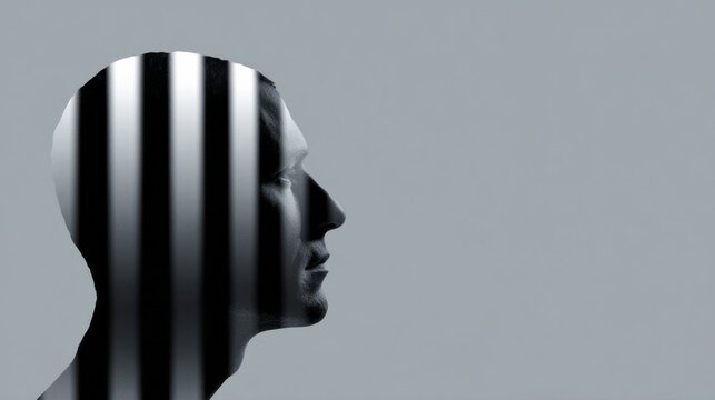 Shadowed silhouette of contemplative man behind bars, introspective monochrome, contemplating freedom, Human Rights Day, enigmatic reflection