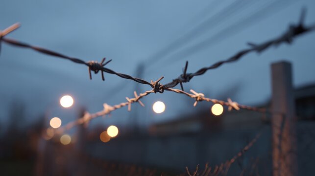 Barbed wire silhouette at dusk, symbolizing resilience and reflection, evokes Bastille Day's rebellious spirit and Yom HaShoah's somber memory