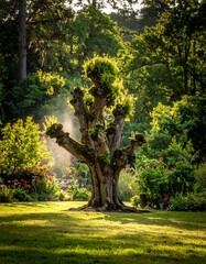 Ancient tree with unique limbs in a lush garden, sunlight illuminating the scene