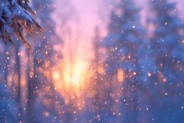 Fototapeta premium Blurred winter forest with falling snow. Snowfall many dust freeze granules. Blur bokeh snowy backdrop with pine trees. Christmas poster, banner. Dreamy, foggy blue purple sky, orange sun rays light