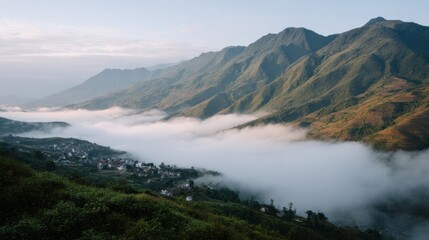 Obraz premium Mystical mist blankets the verdant valleys of Sapa at dawn, evoking whispers of Tet celebrations and nature's quiet lullabies