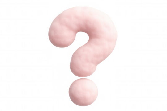 Pink fluffy question mark symbol creating doubt, problem solving, thinking, mystery, and confusion on transparent background