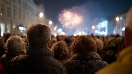 A crowd of diverse revelers watch kaleidoscopic fireworks ignite the night sky, celebrating Bonfire Night and Lantern Festival