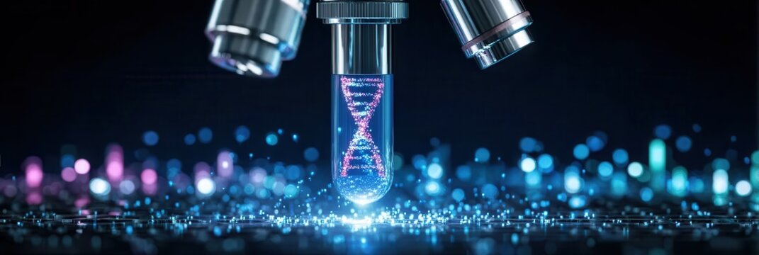 research workflow focus dna sample floating in transparent lab tube, testing study under advanced microscope facility