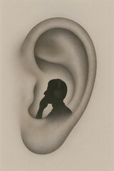 Ear Shape with Music Lover Silhouette Illustration on Light White Background