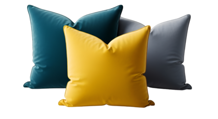 Three Plush Throw Pillows in Teal, Yellow, and Gray