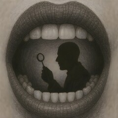 Mouth with Dentist and Dental Tool Silhouette