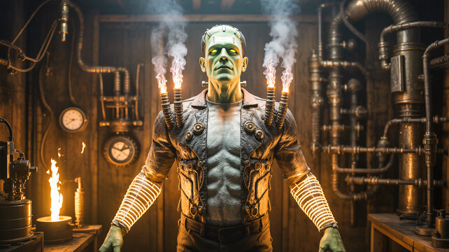 Frankenstein monster reimagined with steampunk gears, brass textures, smoke, and glowing energy tubes, Halloween background theme, haunted ghost - Powered by Adobe