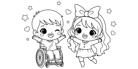 Chibi Boy in Wheelchair and Girl Holding Hands Coloring Page