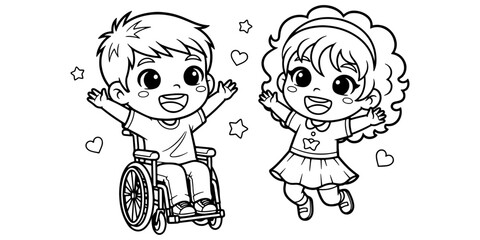 Chibi Happy Kids Holding Hands in Playground Coloring Page