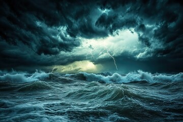 Dark stormy sky over a vast ocean, lightning illuminating the turbulent waves, epic dramatic scenery