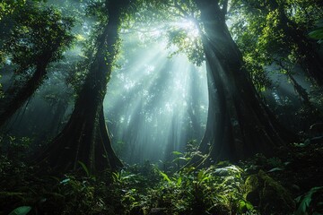 Deep rainforest with towering ancient trees, sunlight filtering through dense foliage, mystical jungle atmosphere
