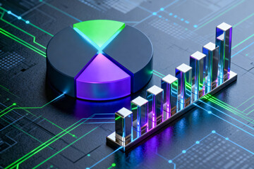 Futuristic 3D Render of a Glowing Pie Chart and Chrome Bar Graph Showing Growth and Data Analysis, Set on a Dark Digital Circuit Board Background with Neon Lines