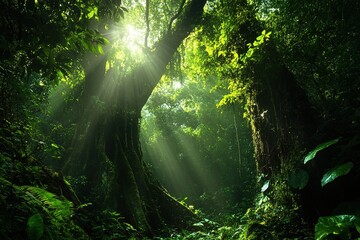 Deep rainforest with towering ancient trees, sunlight filtering through dense foliage, mystical jungle atmosphere