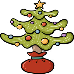 Adorable cartoon-style Christmas tree decorated with colorful ornaments and a golden star on top. Perfect for Christmas cards, festive designs, holiday decorations, stickers, and winter illustrations.