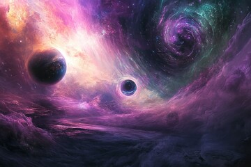 Ethereal dreamscape with floating celestial bodies, swirling galaxies, glowing cosmic mist, surreal fantasy