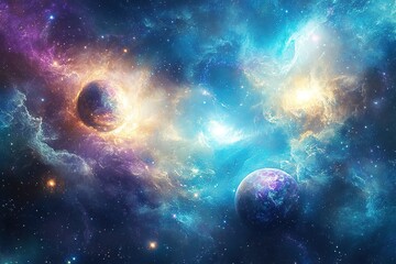 Ethereal dreamscape with floating celestial bodies, swirling galaxies, glowing cosmic mist, surreal fantasy