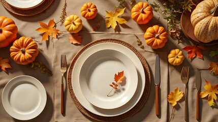 Top Down Thanksgiving Table Setting with Pumpkins and Leaf Decorations Elegant Festive Scene