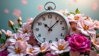 Clock surrounded by beautiful flowers, conveying serenity and beauty, in a soft pastel background
