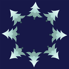 Circle border of Christmas trees on dark blue bg