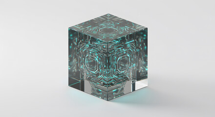 Obraz premium Transparent crystal cube with fine circuit patterns inside, futuristic, technology, data concept.