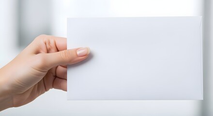 Obraz premium Close-up of a hand holding a blank white card against a soft background, emphasizing mail, greeting cards, stationery, and communication concepts