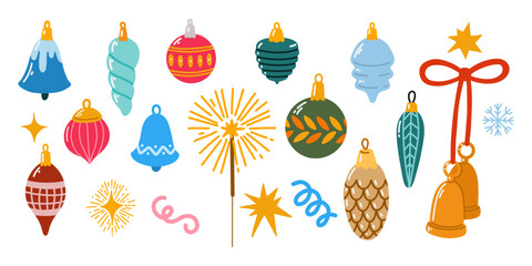 Christmas baubles, winter holiday decorations 