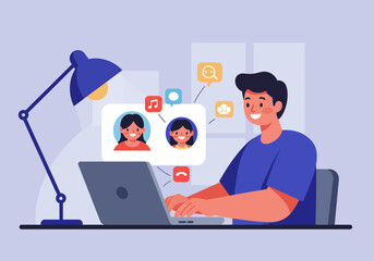 A smiling young man at a desk using a laptop for a group video conference call with two women.