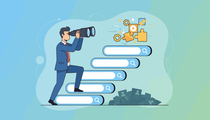 Job search concept. Businessman with binoculars on career ladder stairs looking for new employment. HR recruitment metaphor. Finding the right fit with a puzzle. Hiring process vector.