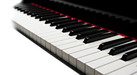 Angled shot of a piano keyboard, highlighting white and black keys with red trim