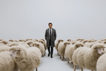 Confident young caucasian male in suit walking among sheep flock