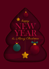 Festive red card for the New Year. Red spruce in the style of a paper cut with New Year's toys on a red background. Vector illustration.