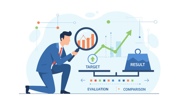 Business performance benchmark and KPI analysis. Businessman with magnifying glass evaluates data chart. Comparing target vs result on scales. Concept of evaluation, growth.