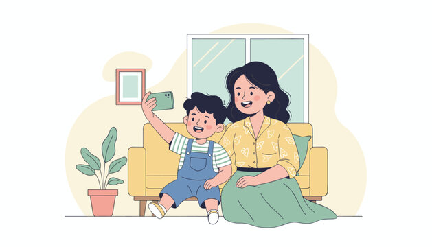 Happy Asian mother and son taking a selfie on the sofa. Loving family enjoying a moment together at home. Modern lifestyle concept with technology and parent-child bonding. - Powered by Adobe