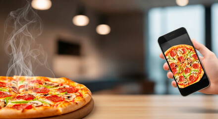 Hot pizza is served on a wooden board with a picture taken on the phone. Fresh pizza delivery.