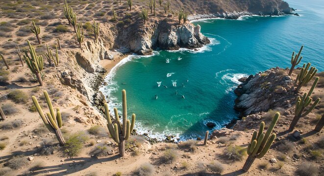 Aerial view of a secluded coastal cove with turquoise water, cacti, and sandy beaches