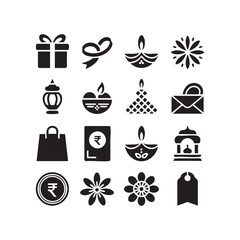Set of Diwali festival icons simple black glyph design elements for festive season isolated on white background