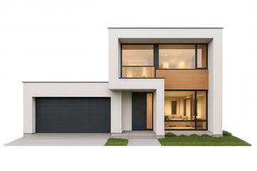 Modern minimalist house exterior capturing contemporary residential architecture design, featuring a large garage and illuminated interiors on a transparent background