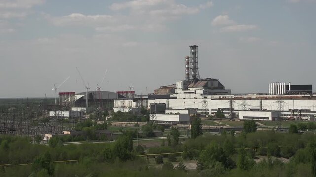 Chernobyl Nuclear Power Plant Near The Abandoned City Of Pripyat In Northern Ukraine. Sideways Shot