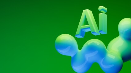 AI letters sign with glossy metaball spheres in flight. Realistic render of AI letters with bubbles on an isolated background.